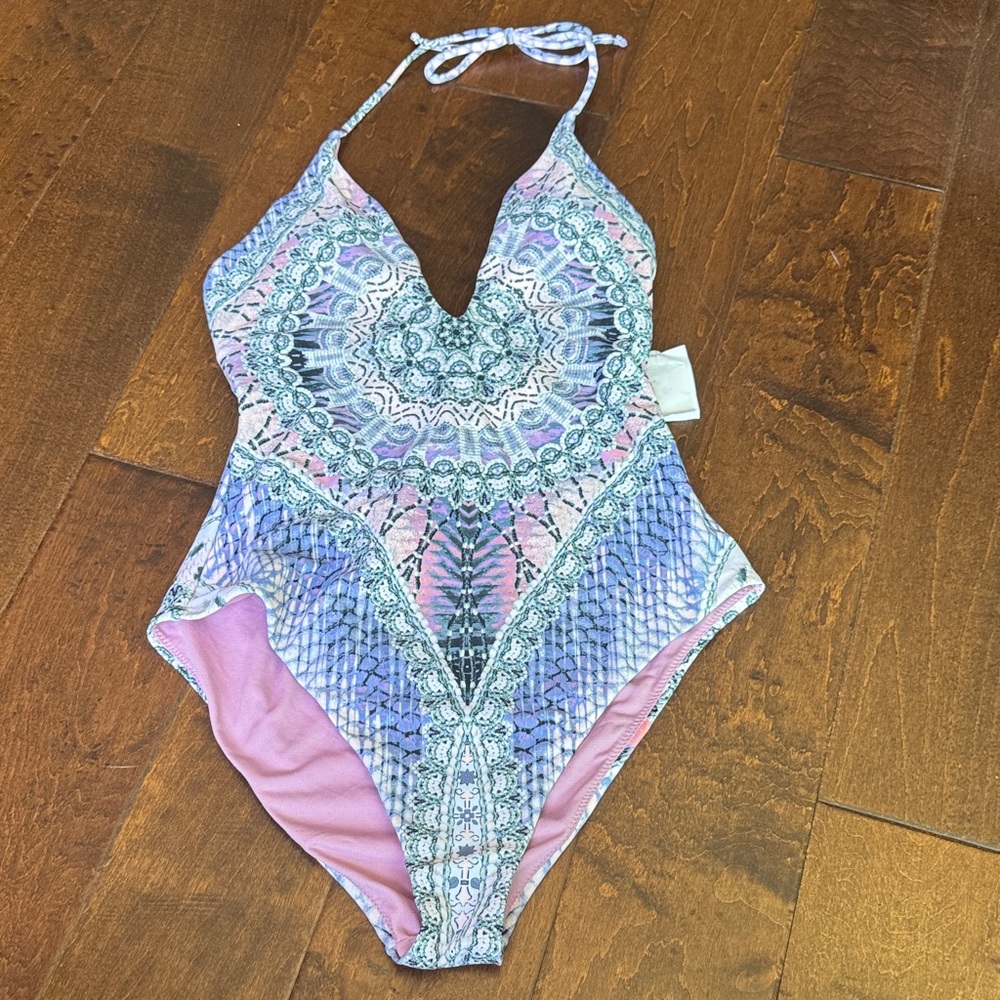 Raisins Pink and Purple Patterned Halter One-Piece Swimsuit